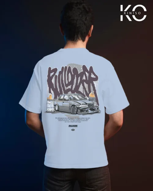 Image of Sky Blue color drop shoulder t-shirt with Bulldozer Print for men at reasonable price